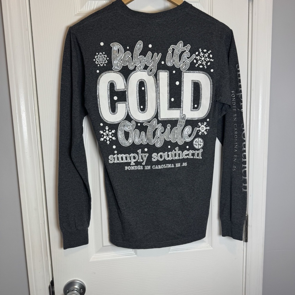 Simply Southern Baby‎ It's Cold Outside Long Sleeve Sparkle Gray Shirt Small